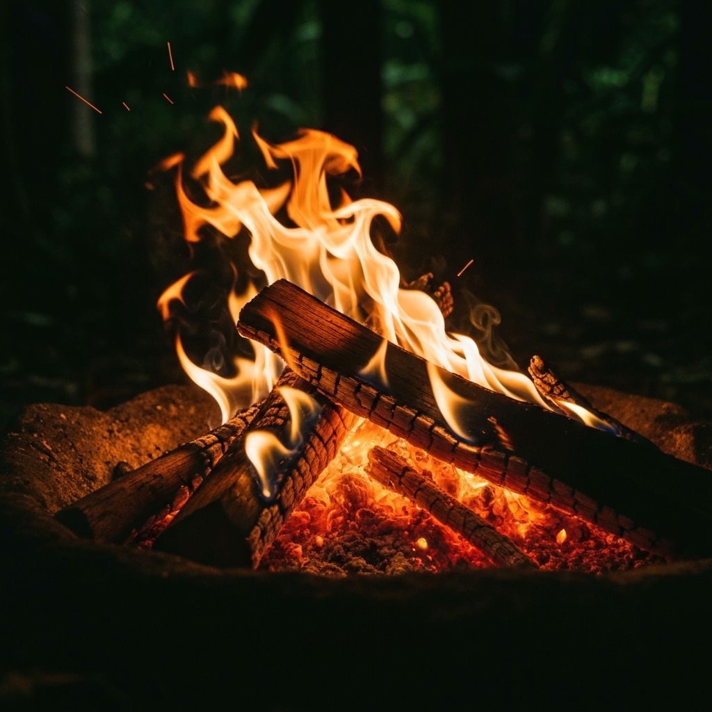 A bonfire on the beach at night, people gathered around