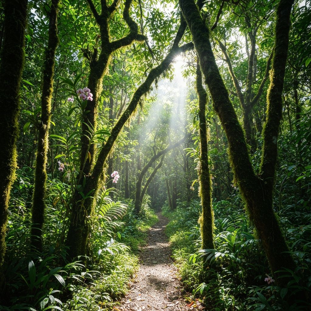 A jungle trail, natural light bleeding through canopy
